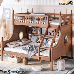 Natural wood Twin XL over Queen bunk bed with staircase and round porthole windows