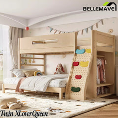 Bellemave® Solid Wood Bunk Bed with Built-in Wardrobe, Storage & Kids Climbing Wall, Full Safety Guardrails, Reinforced Wood Slats, Multiple Sizes Available Bellemave®