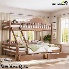 Walnut brown wood bunk bed for kids, open storage drawers, angled ladder and integrated side bookshelves