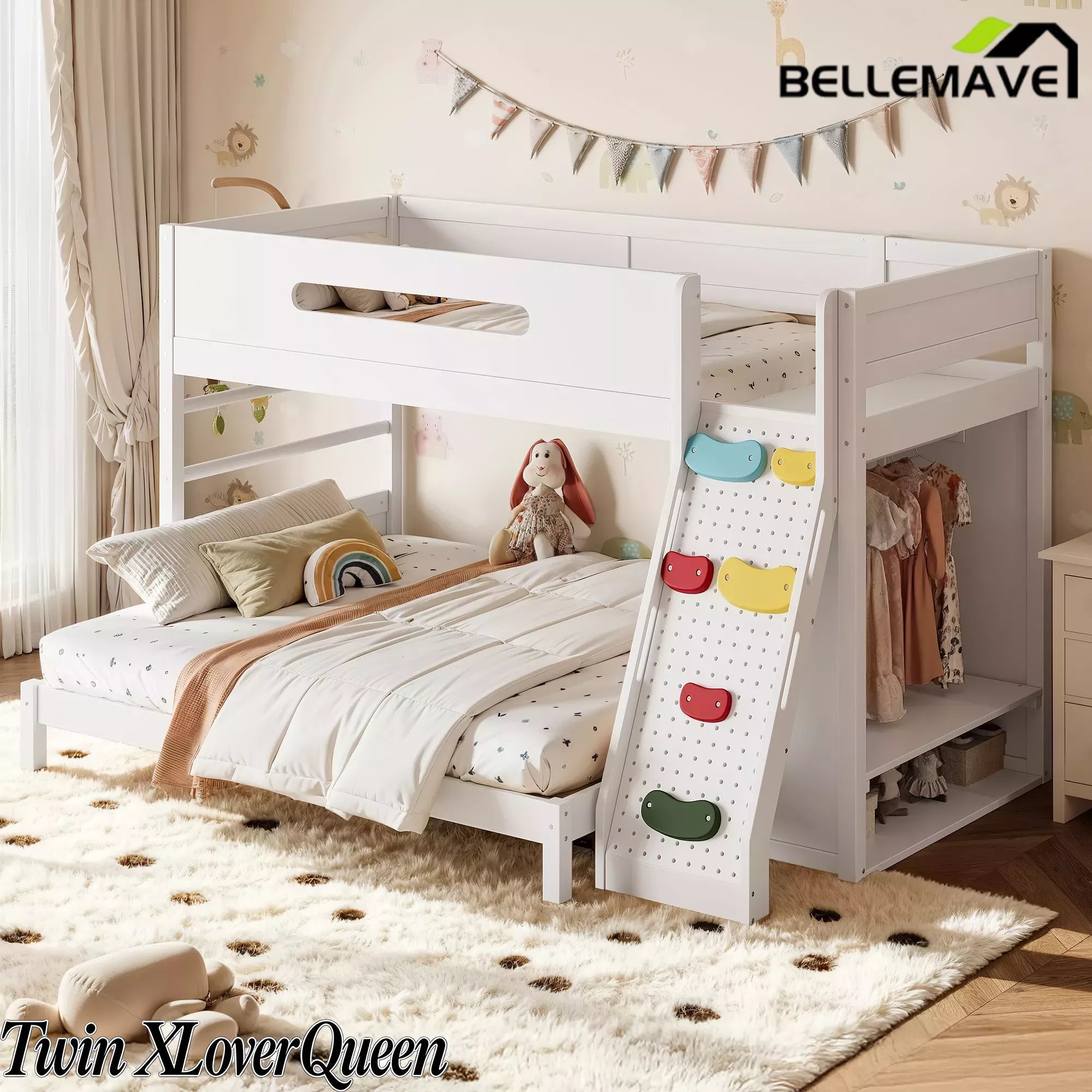 Bellemave® Solid Wood Bunk Bed with Built-in Wardrobe, Storage & Kids Climbing Wall, Full Safety Guardrails, Reinforced Wood Slats, Multiple Sizes Available Bellemave®