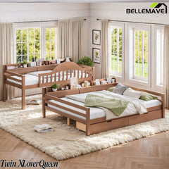 Walnut brown convertible bunk bed splits into two separate solid wood beds with storage drawers and built‑in shelves