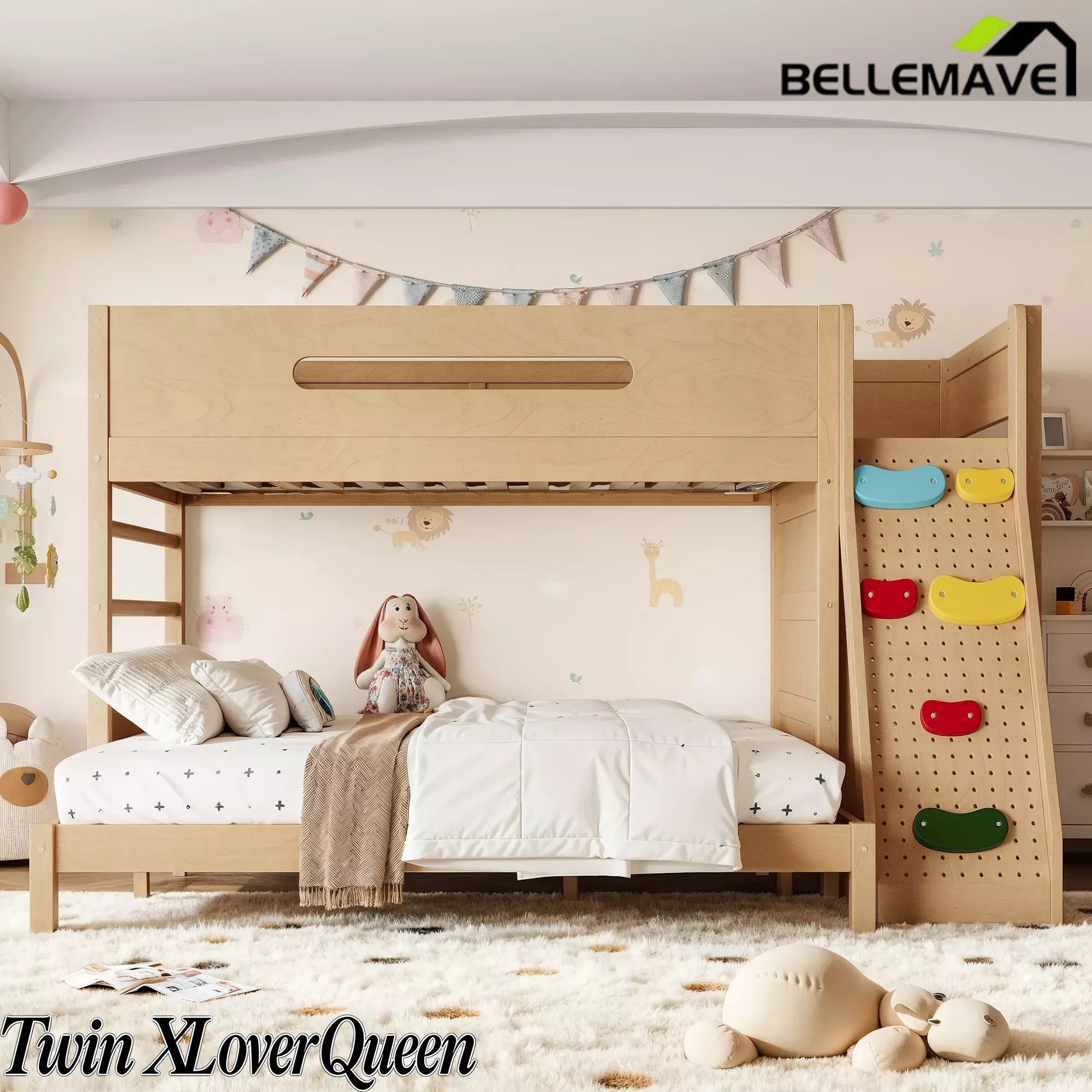 Bellemave® Solid Wood Bunk Bed with Built-in Wardrobe, Storage & Kids Climbing Wall, Full Safety Guardrails, Reinforced Wood Slats, Multiple Sizes Available Bellemave®