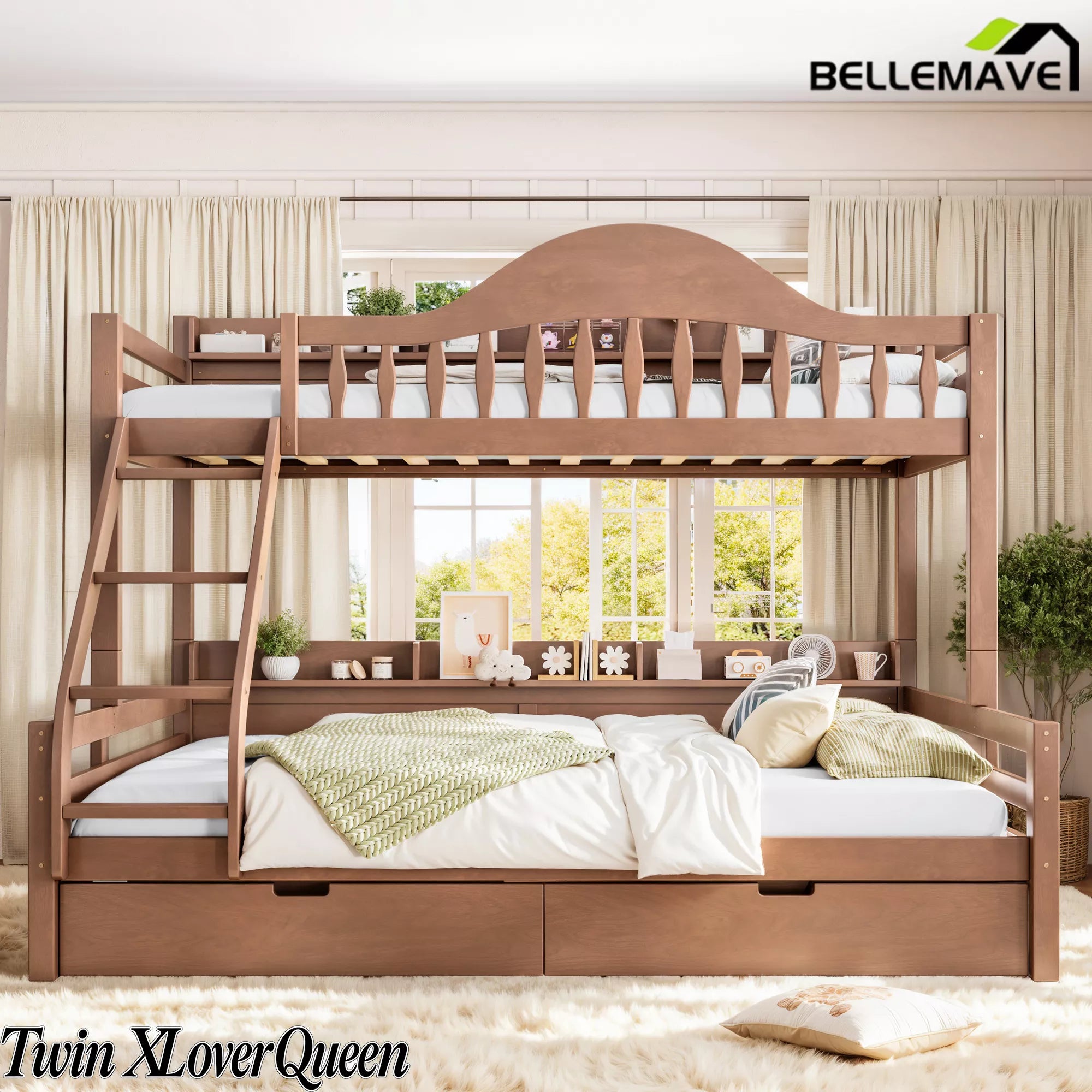 Walnut brown solid wood twin xl over queen bunk bed with angled ladder, under‑bed storage drawers and built‑in back storage shelves for kids bedroom