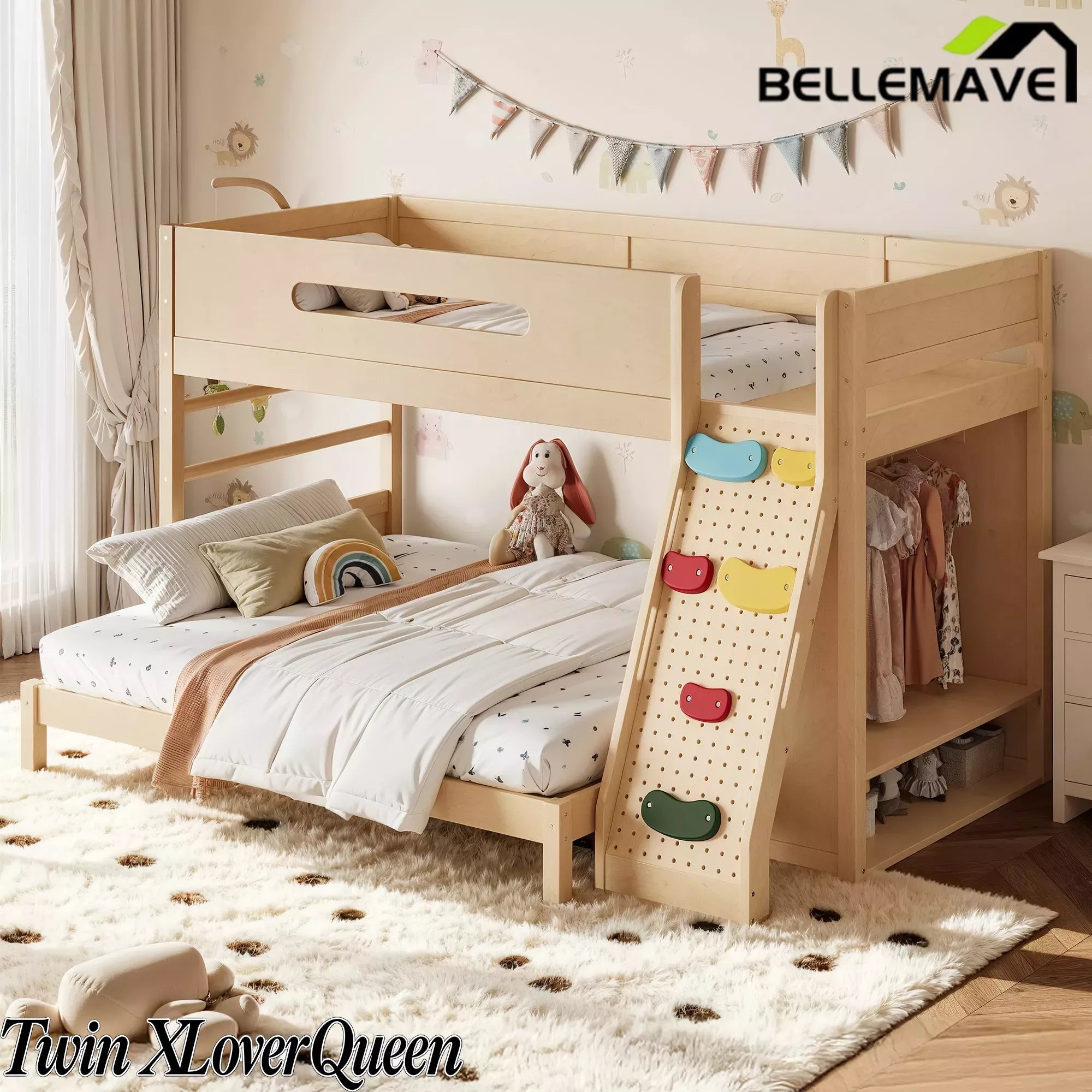 Bellemave® Solid Wood Bunk Bed with Built-in Wardrobe, Storage & Kids Climbing Wall, Full Safety Guardrails, Reinforced Wood Slats, Multiple Sizes Available Bellemave®