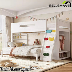 Bellemave® Solid Wood Bunk Bed with Built-in Wardrobe, Storage & Kids Climbing Wall, Full Safety Guardrails, Reinforced Wood Slats, Multiple Sizes Available Bellemave®
