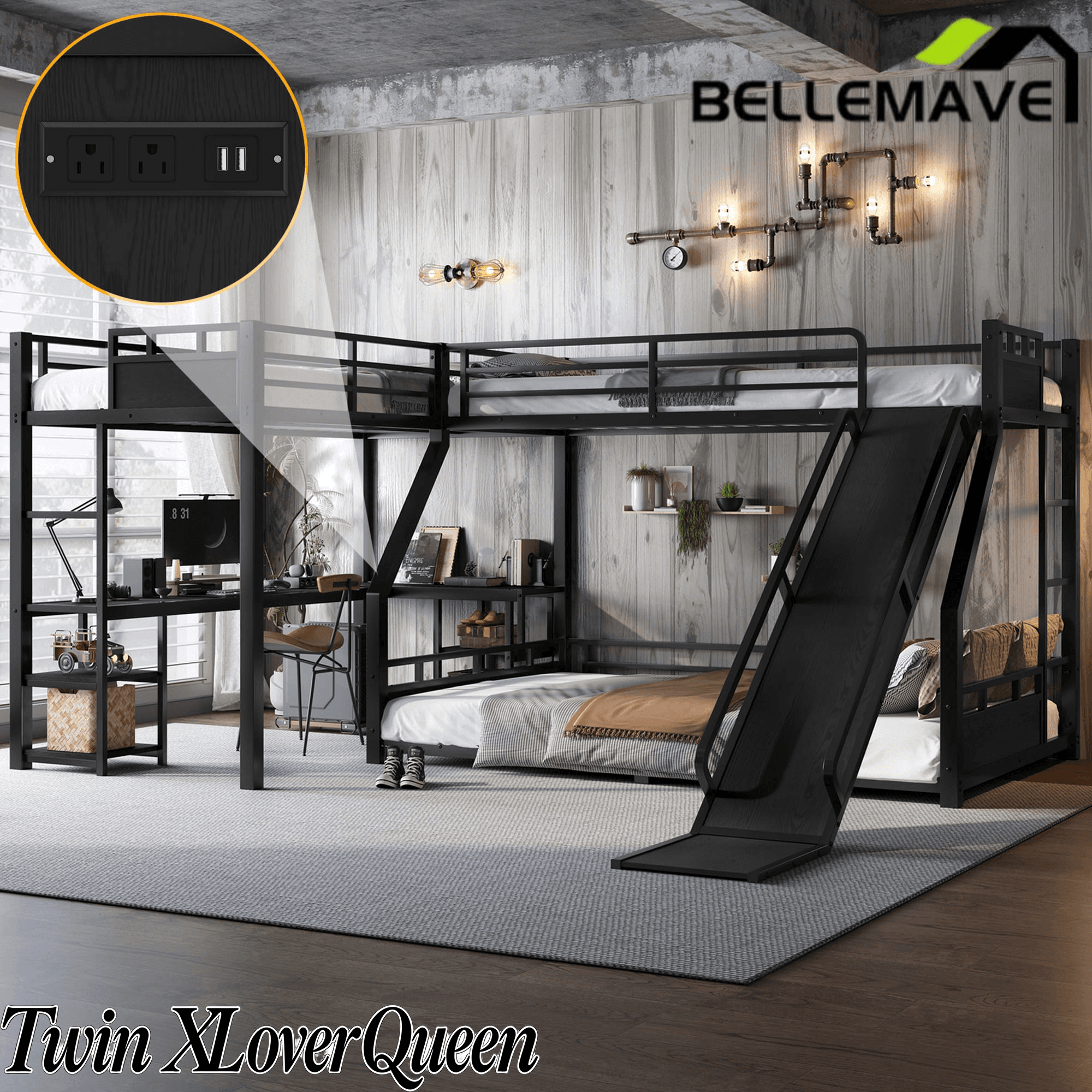 Bellemave® L-Shaped Triple Bunk Bed with Slide - Full over Queen & Twin XL Loft, Built-in Desk, Shelves | Space-Saving Metal Frame, Quiet Study Design, Black Bellemave®