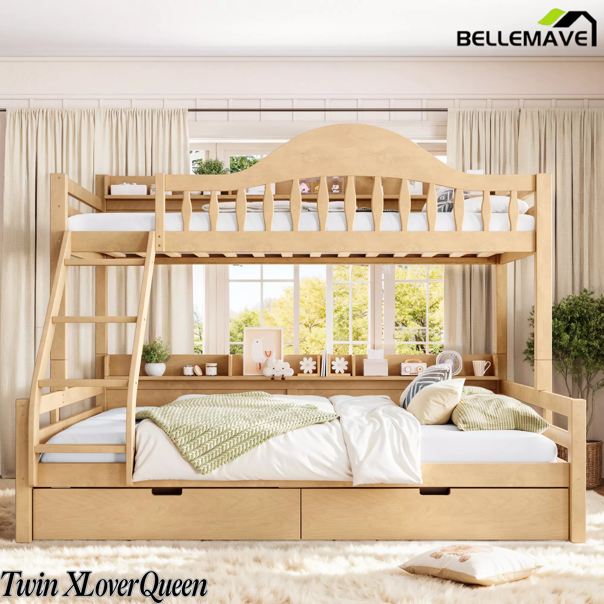 Natural solid wood twin over full bunk bed with angled ladder, storage drawers and built‑in bedside shelves for kids bedroom
