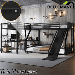 Bellemave® L-Shaped Triple Bunk Bed with Slide - Full over Queen & Twin XL Loft, Built-in Desk, Shelves | Space-Saving Metal Frame, Quiet Study Design, Black Bellemave®