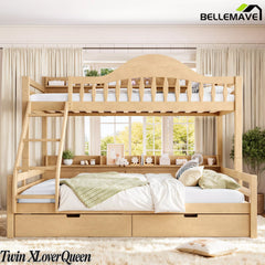 Natural solid wood twin over full bunk bed with angled ladder, storage drawers and built‑in bedside shelves for kids bedroom