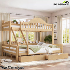 Natural wood kids bunk bed with open under‑bed storage drawers, side bookshelves and sturdy angled ladder