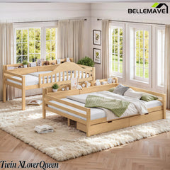 atural wood convertible twin over full bunk bed, can separate into 2 individual kids beds with storage shelves