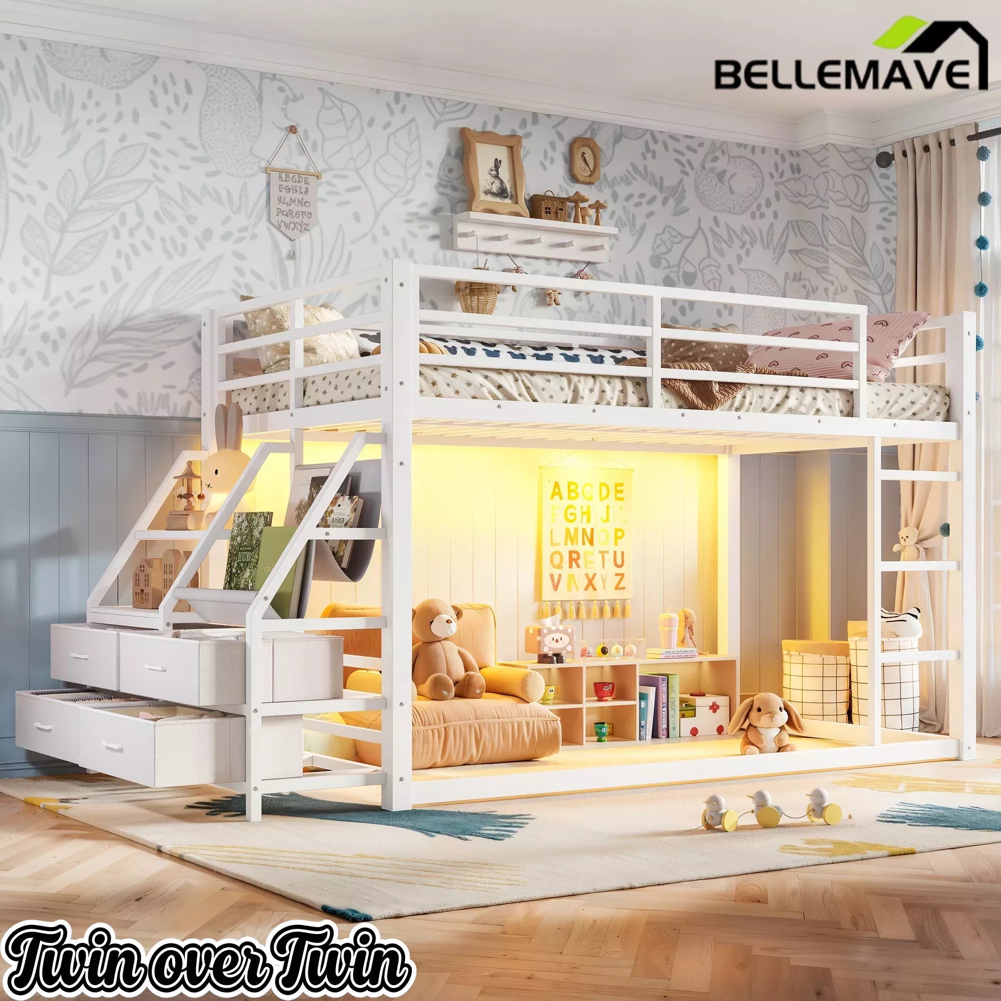 Bellemave® Twin over Twin Bunk Bed with LED, Storage Shelves & Drawer, Metal Floor Bunk Bed for Kids Bellemave®