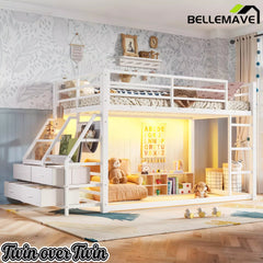 Bellemave® Twin over Twin Bunk Bed with LED, Storage Shelves & Drawer, Metal Floor Bunk Bed for Kids Bellemave®