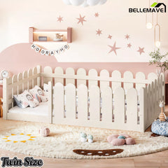 Bellemave® Solid Wood Montessori Floor Bed with Fence Guardrails, Low Profile Kids Floor Bed Frame