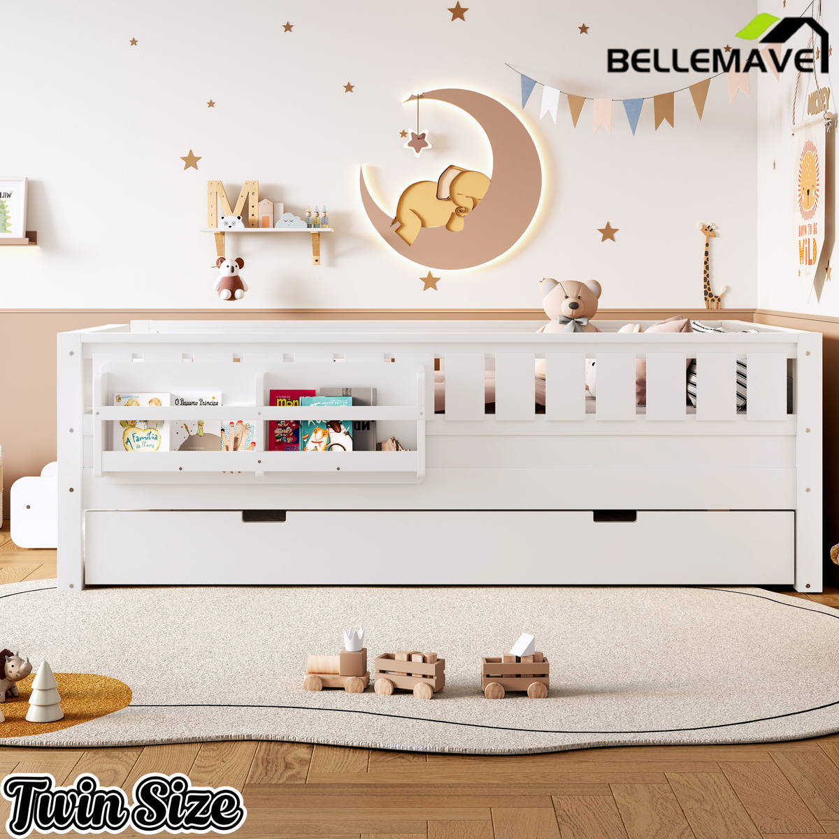 Bellemave® Twin Bed with Trundle Twin and Stairs, Twin Size Platform Bed Frame with Fence and Bookshelf, Natural