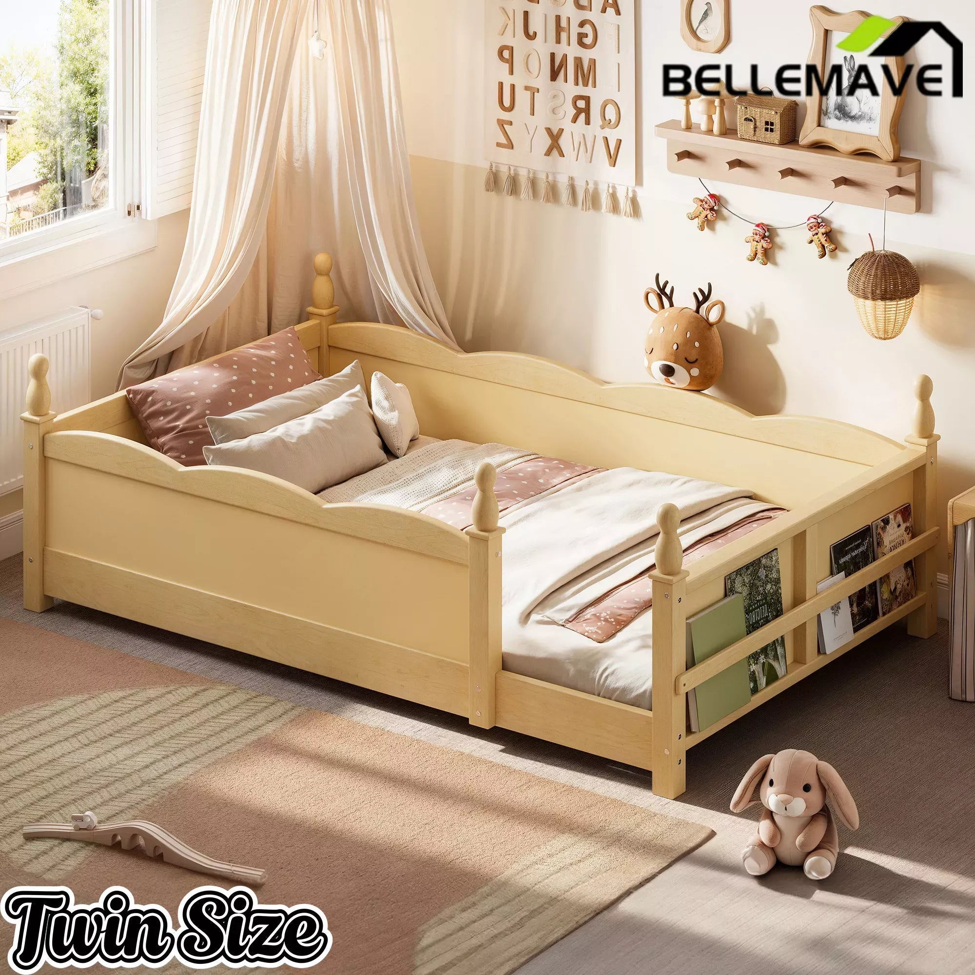 Bellemave® Floor Bed with Bookshelf & Safety Guardrails for Kids, Wooden Montessori Bed Frame with Childlike Design for Girls Boys Bellemave®