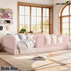 Bellemave® Kids Upholstered Floor Bed with Full Surround Safety Rails, Montessori Low Profile Bed with Teddy Fleece Frame & Side Storage Pocket