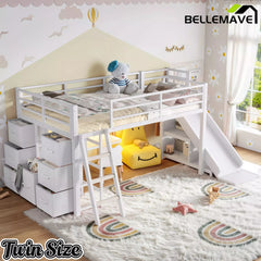Bellemave® Twin Metal Loft Bed with Slide, 7 Drawers & LED Lights — Storage Shelves & Hanging Area for Kids Bellemave®