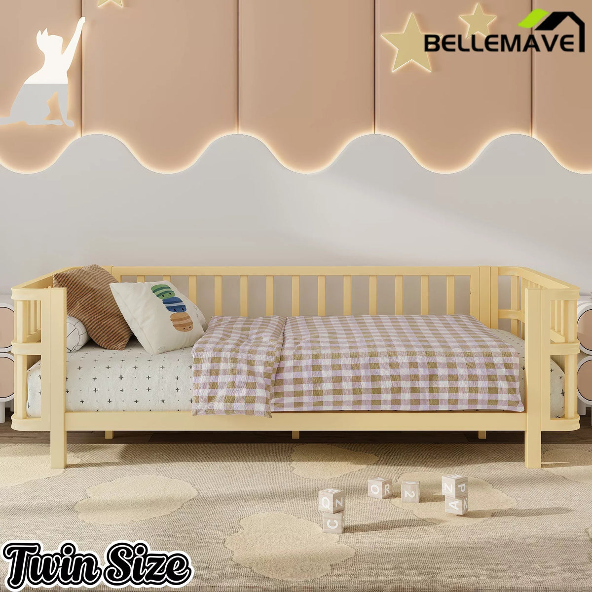 Bellemave® Montessori Floor Bed Frame with Removable Safety Rails – Solid Wood Low Profile Platform Bed for Kids Bellemave®