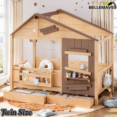 Bellemave® Wooden Farmhouse House Bed with Storage Drawers, Window Shelf & Side Hooks, Kids Playhouse Floor Bed