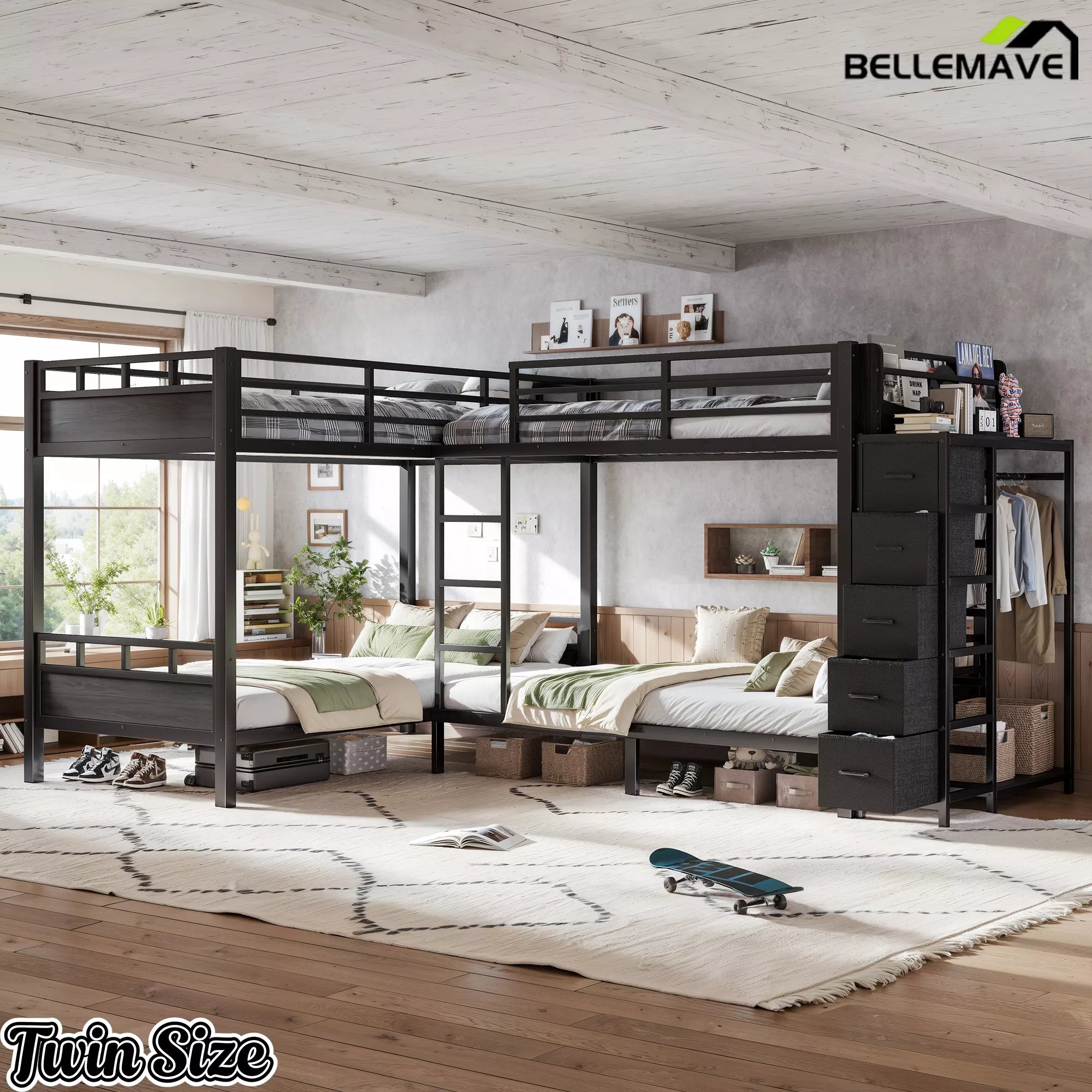 black metal bunk bed frame with safety guardrails