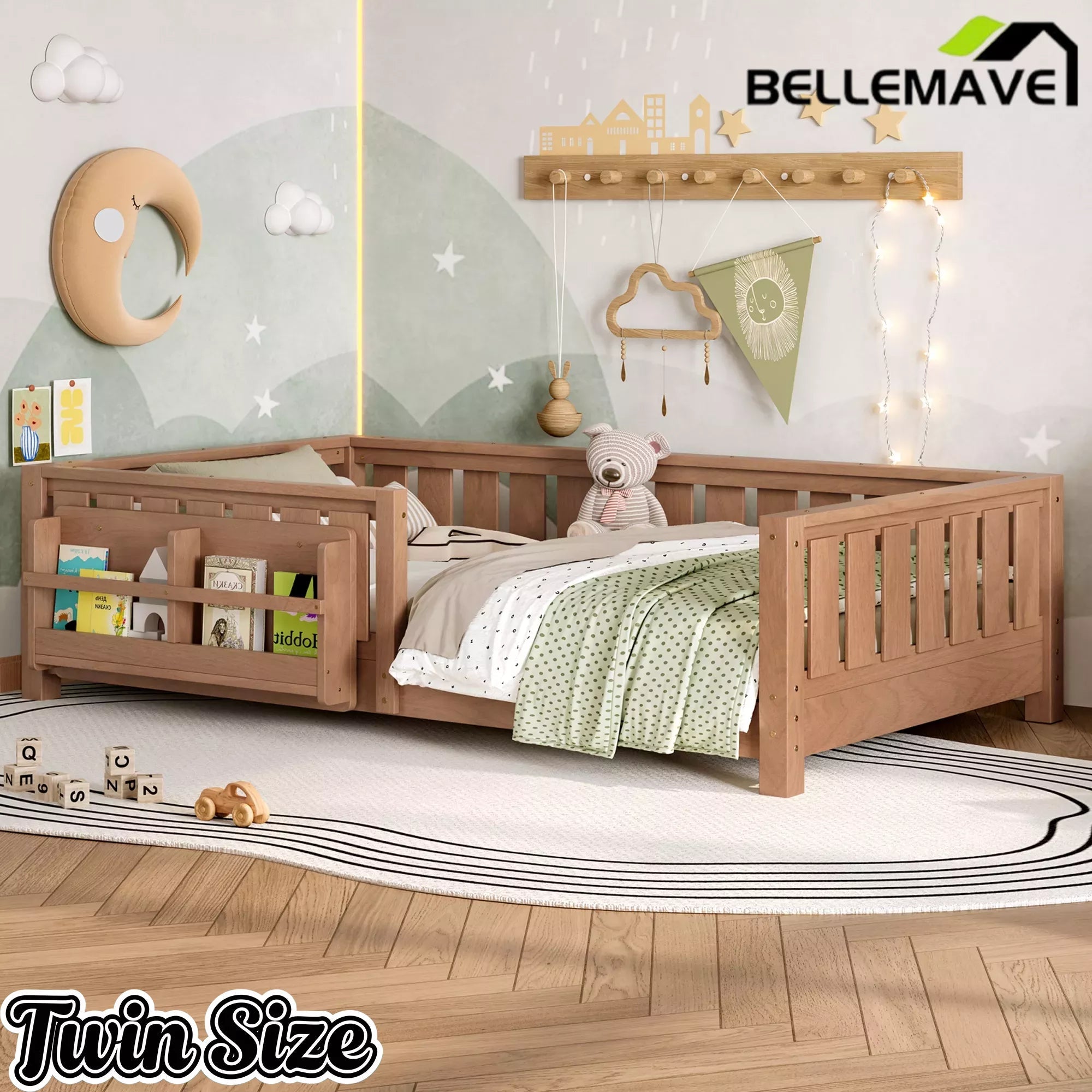 Bellemave® Kids Montessori Floor Bed with Safety Guardrails, Built-in Bookcase & Wooden Slats — Twin, Full, Queen Sizes Bellemave®