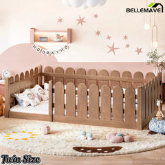 Bellemave® Solid Wood Montessori Floor Bed with Fence Guardrails, Low Profile Kids Floor Bed Frame
