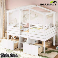 Bellemave® House Bed with Stairs & Storage Drawers for Kids, Wood Low Loft Bed Frame, House-shaped Roof, Childlike Design, Farmhouse Style Bellemave®