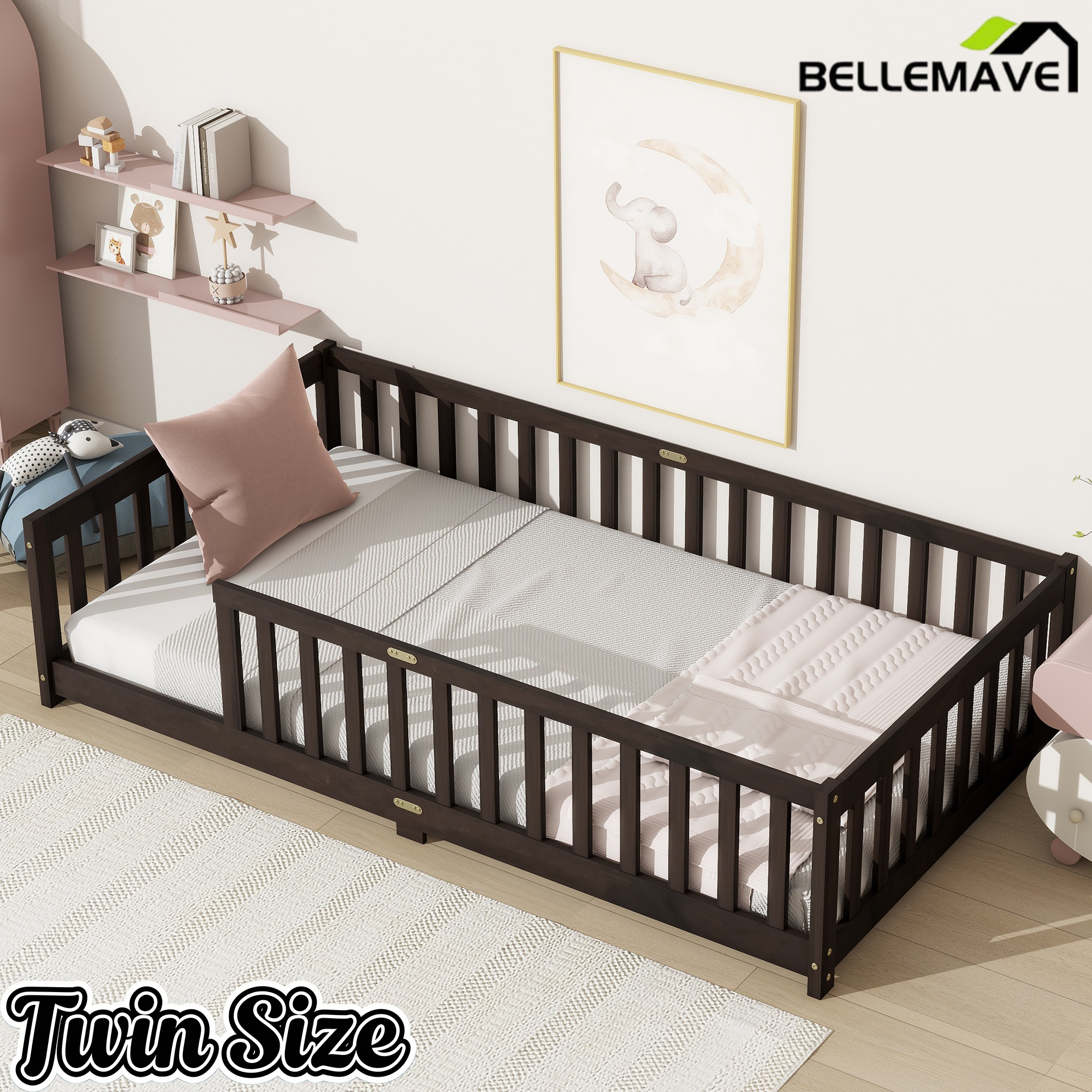 Bellemave® Twin Size Montessori Floor Bed for Kids,Twin Floor Bed Frame with Slats,Solid Wood Twin Bed Frame for Girls Boys,Grey Bellemave®