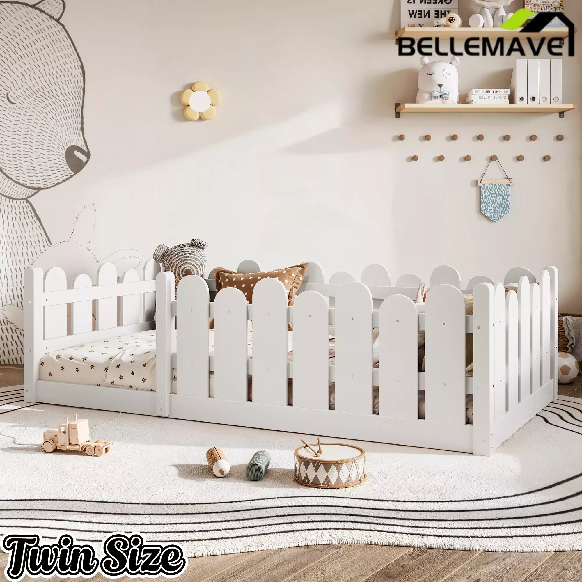 Bellemave® Kids Montessori Floor Bed with Rounded Safety Guardrail,Solid Wood Montessori Bed for Girls & Boys Bellemave®