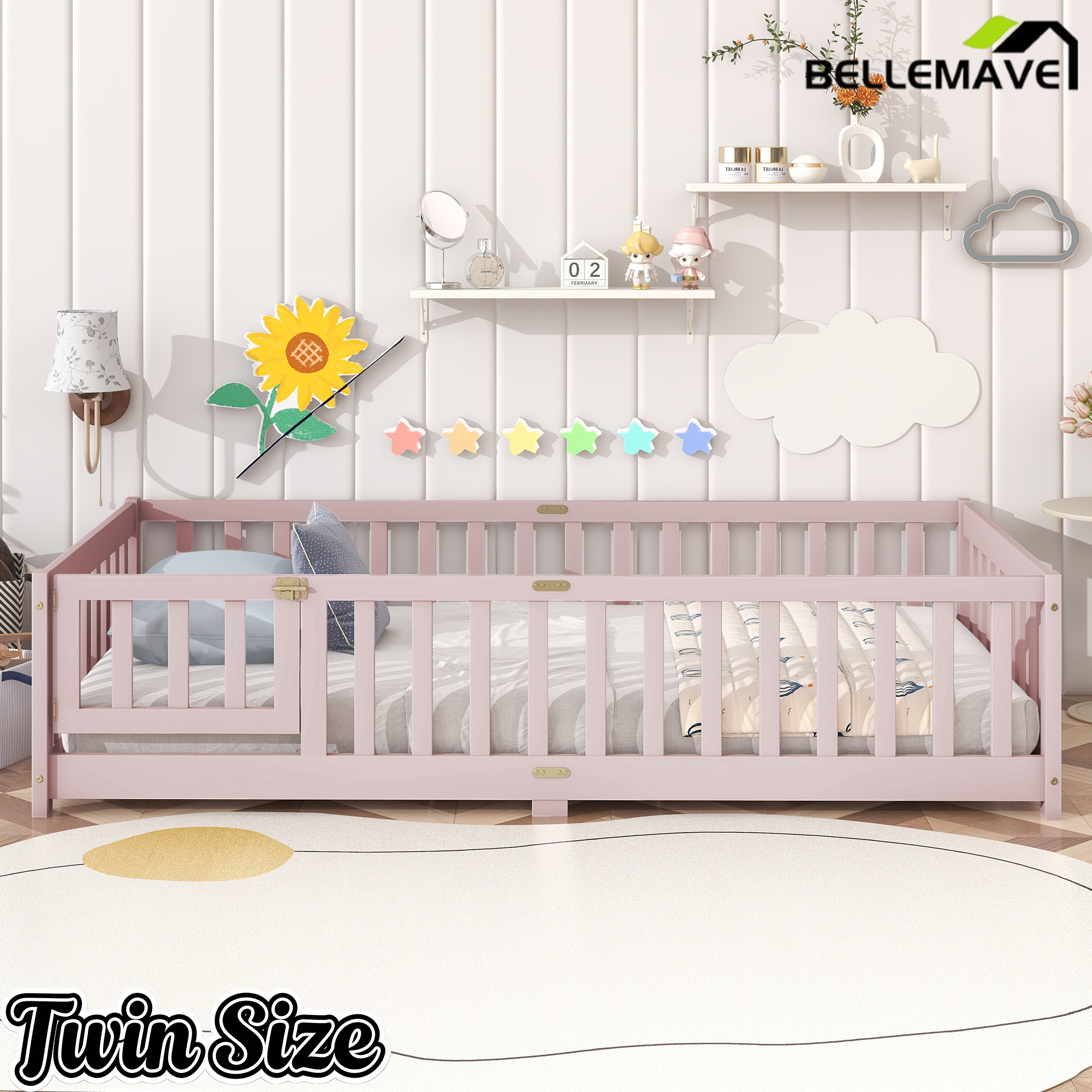 Bellemave® Twin Size Montessori Floor Bed for Kids,Twin Floor Bed Frame with Slats,Solid Wood Twin Bed Frame for Girls Boys,Grey Bellemave®