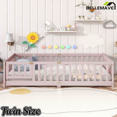 Bellemave® Twin Size Montessori Floor Bed for Kids,Twin Floor Bed Frame with Slats,Solid Wood Twin Bed Frame for Girls Boys,Grey Bellemave®