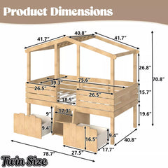 Bellemave® House Bed with Stairs & Storage Drawers for Kids, Wood Low Loft Bed Frame, House-shaped Roof, Childlike Design, Farmhouse Style Bellemave®