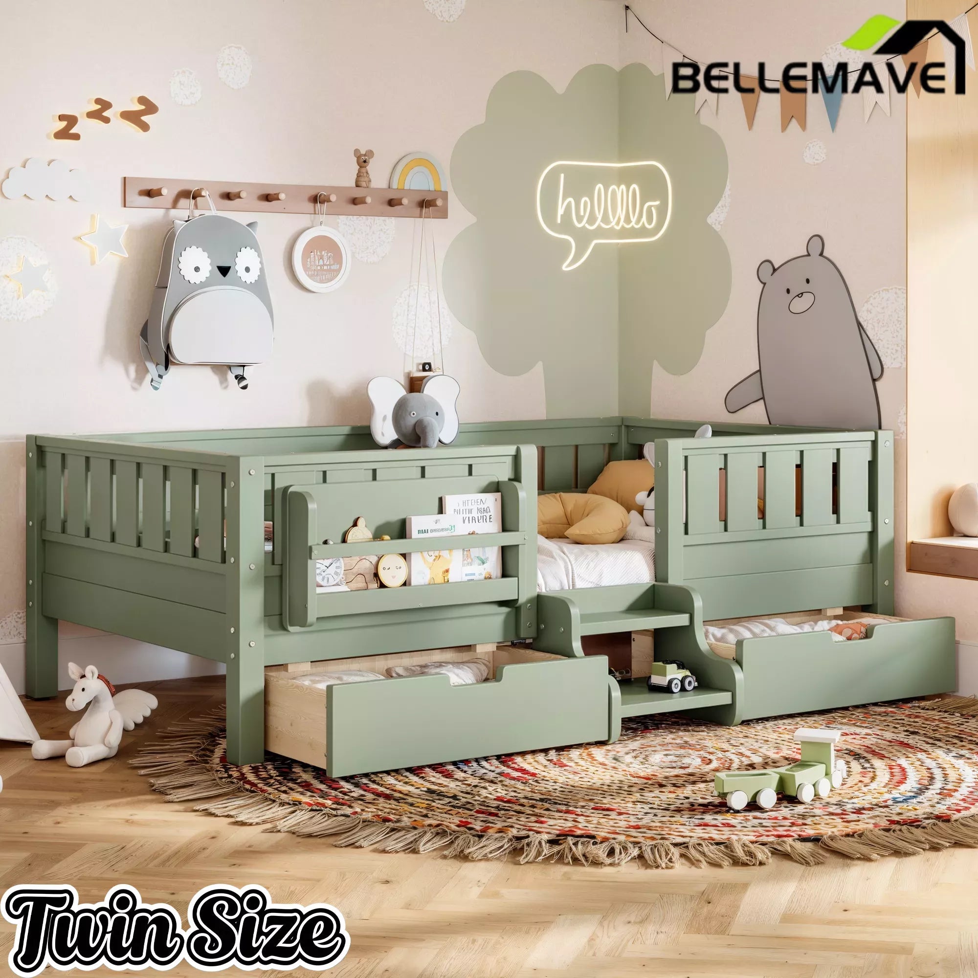 Bellemave® Montessori Bed with Stairs, Rails & Slats, Montessori Floor Bed with Bookshelf & 2 Storage Drawers for Girls & Boys Bellemave®