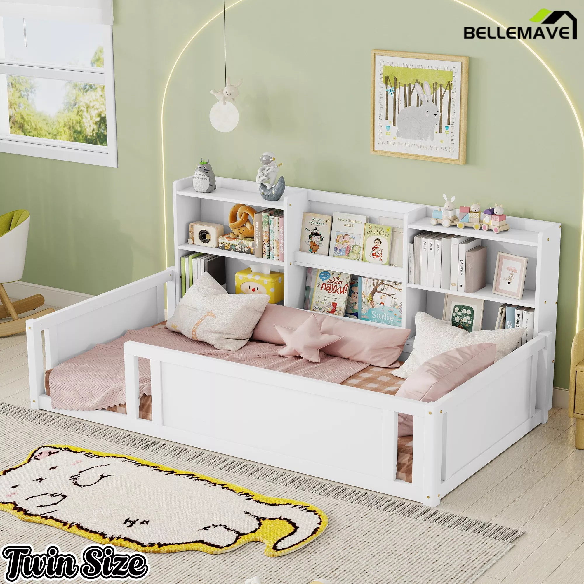 White kids floor bed with guardrails and storage shelf design