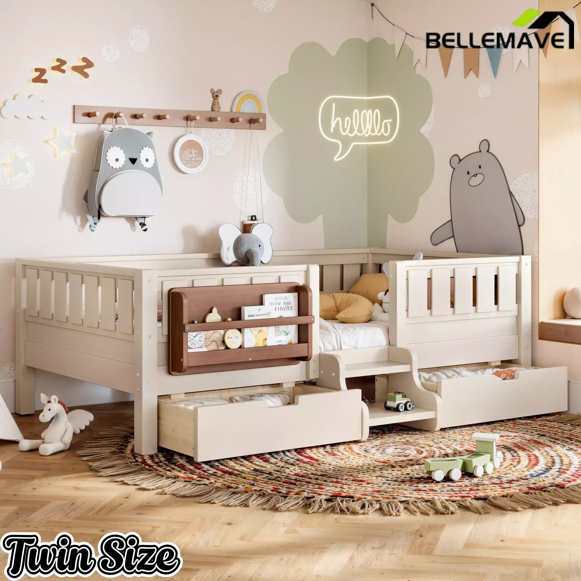 Bellemave® Montessori Bed with Stairs, Rails & Slats, Montessori Floor Bed with Bookshelf & 2 Storage Drawers for Girls & Boys Bellemave®