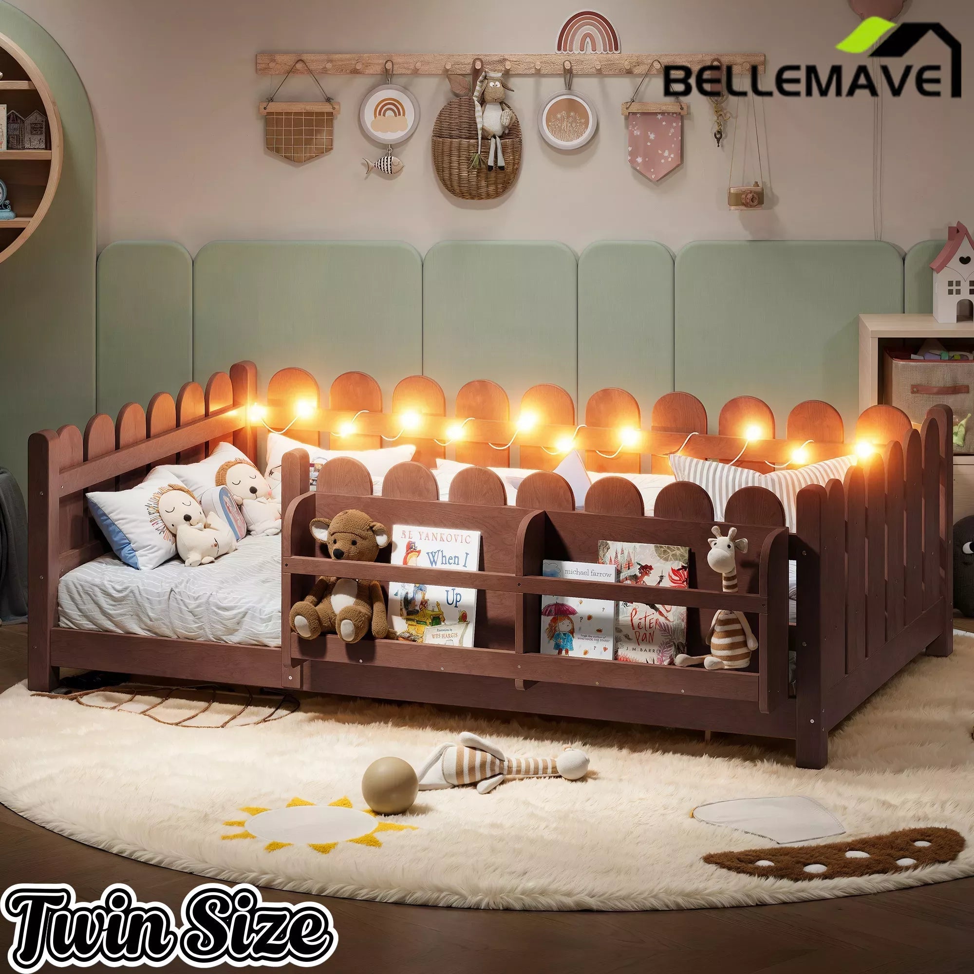 Bellemave® Solid Wood Montessori Floor Bed with High Fence Guardrails, Bookshelf & LED Light, Low Profile Kids Bed Frame Bellemave®