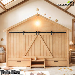 Bellemave® Farmhouse House Bed with Sliding Barn Door, Storage Drawers & Staircase, Wooden Kids House Bed Frame with Light