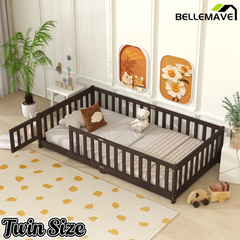 Bellemave® Twin Size Montessori Floor Bed for Kids,Twin Floor Bed Frame with Slats,Solid Wood Twin Bed Frame for Girls Boys,Grey Bellemave®