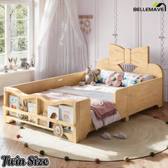 Oblique view natural wood twin size kids platform bed, bow headboard design, safety guardrails and footboard book storage shelf