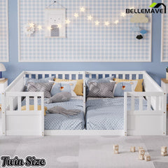 Bellemave® Double Twin Floor Bed with Guardrails, Pine Wood Kids Floor Bed with Open Entrance, Semi-Enclosed Montessori Bed Frame