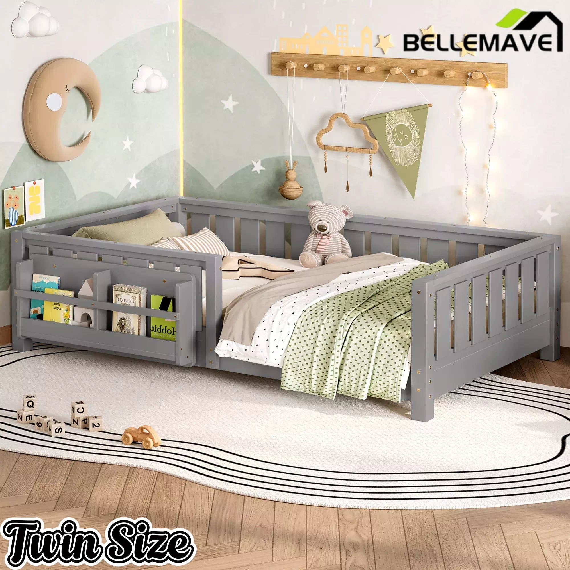 Bellemave® Kids Montessori Floor Bed with Safety Guardrails, Built-in Bookcase & Wooden Slats — Twin, Full, Queen Sizes Bellemave®