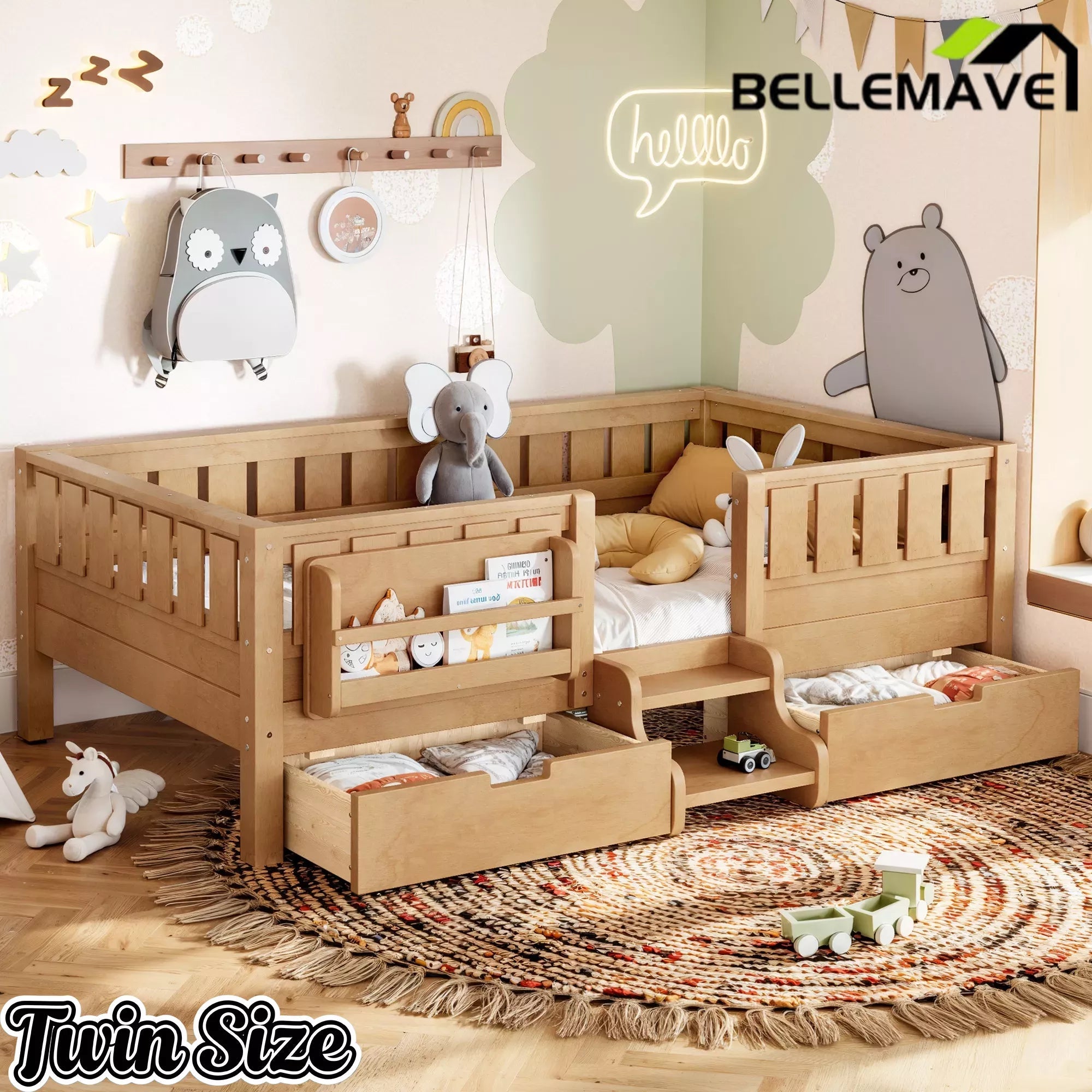 Bellemave® Montessori Bed with Stairs, Rails & Slats, Montessori Floor Bed with Bookshelf & 2 Storage Drawers for Girls & Boys Bellemave®
