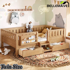 Bellemave® Montessori Bed with Stairs, Rails & Slats, Montessori Floor Bed with Bookshelf & 2 Storage Drawers for Girls & Boys Bellemave®