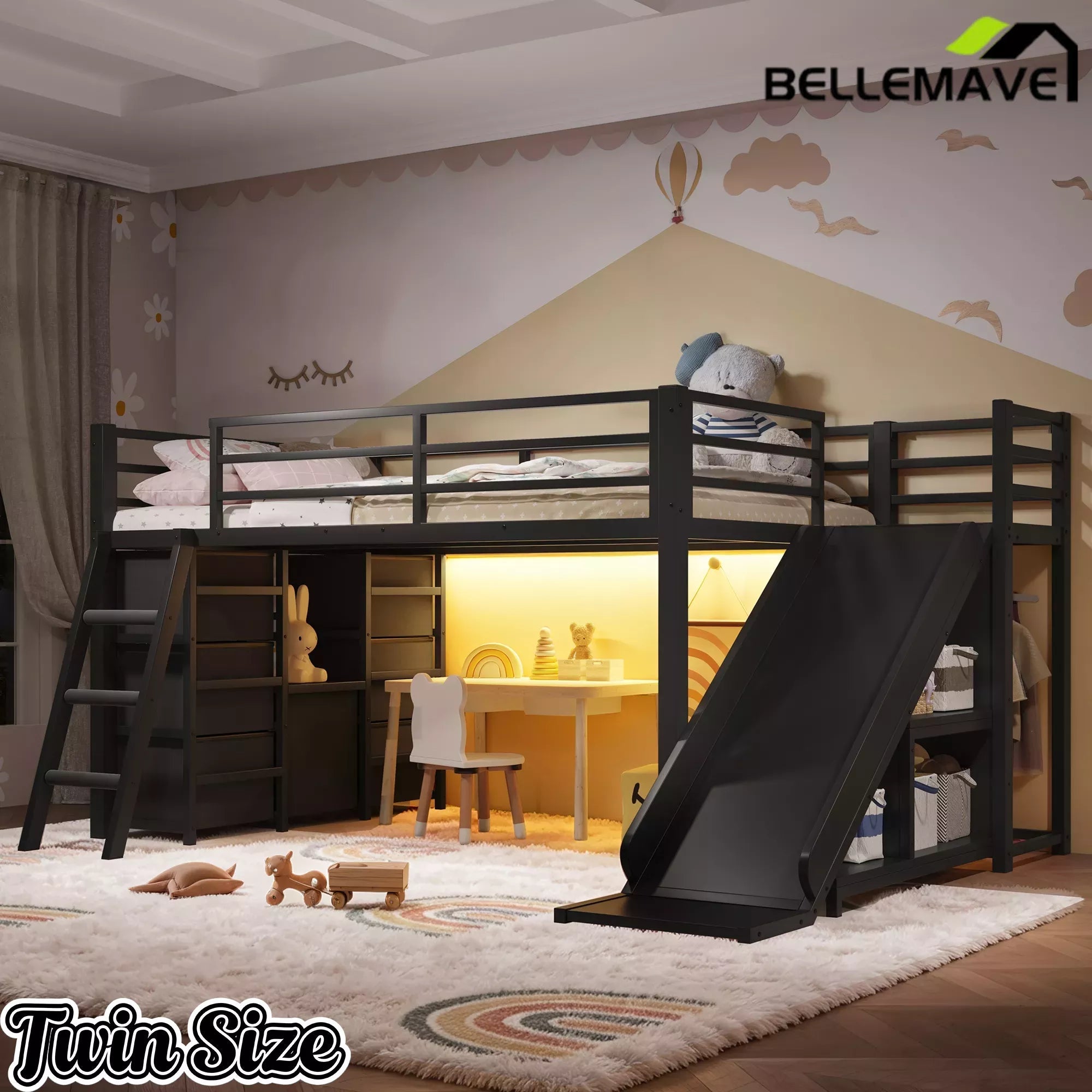 Bellemave® Twin Metal Loft Bed with Slide, 7 Drawers & LED Lights — Storage Shelves & Hanging Area for Kids Bellemave®
