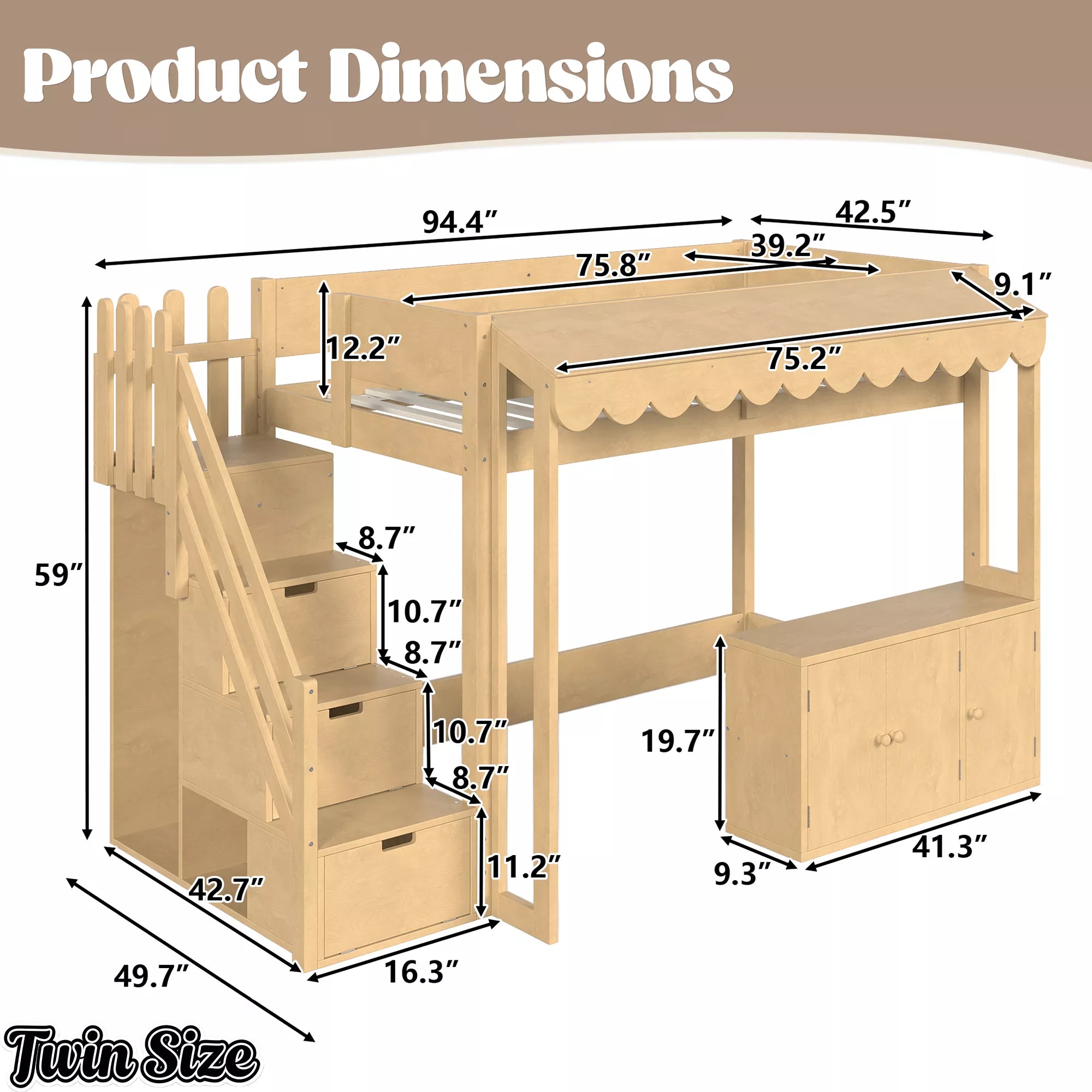 twin size loft bed dimensions and measurements