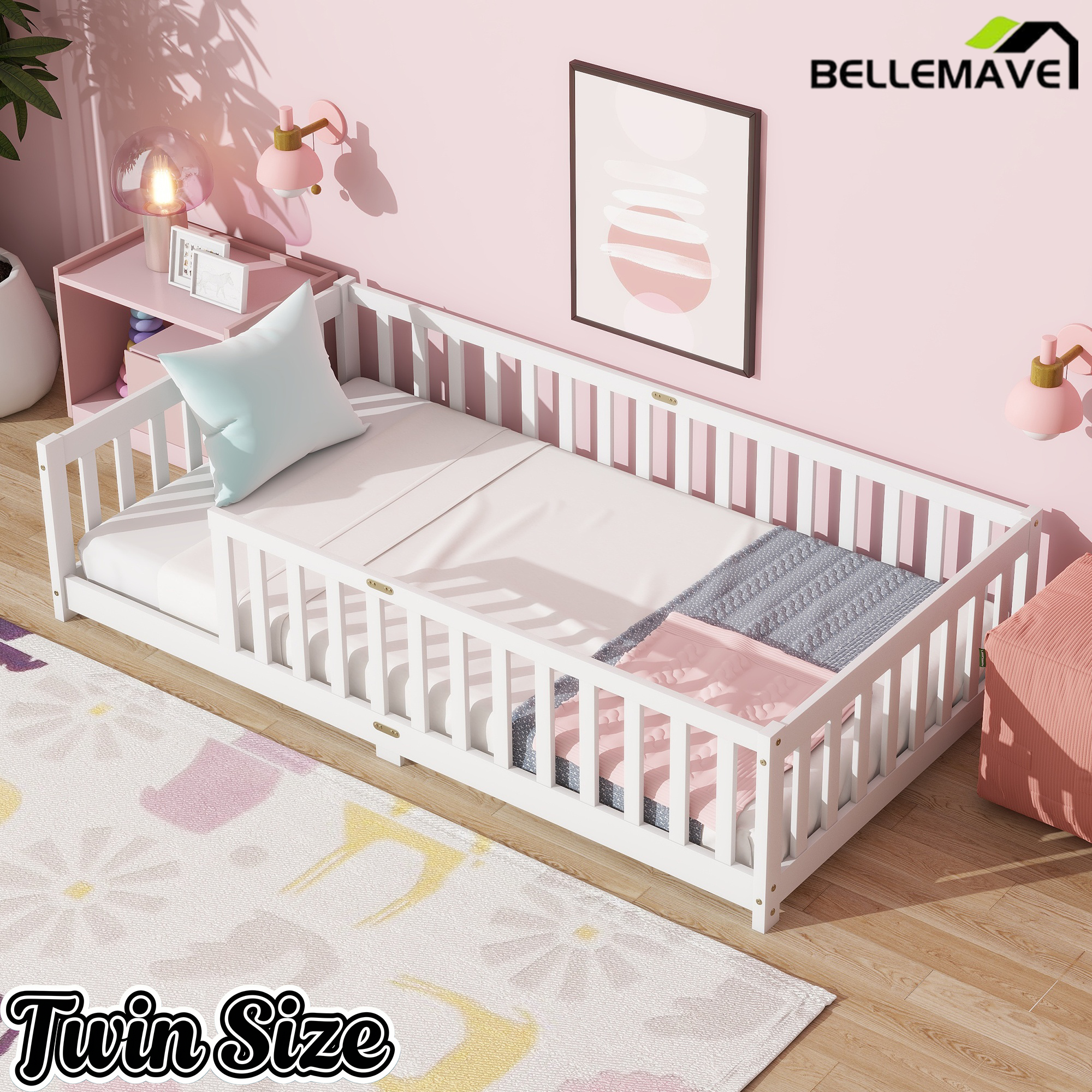 Bellemave® Twin Size Montessori Floor Bed for Kids,Twin Floor Bed Frame with Slats,Solid Wood Twin Bed Frame for Girls Boys,Grey Bellemave®