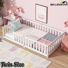 Bellemave® Twin Size Montessori Floor Bed for Kids,Twin Floor Bed Frame with Slats,Solid Wood Twin Bed Frame for Girls Boys,Grey Bellemave®