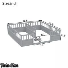 Bellemave® Double Twin Floor Bed with Guardrails, Pine Wood Kids Floor Bed with Open Entrance, Semi-Enclosed Montessori Bed Frame