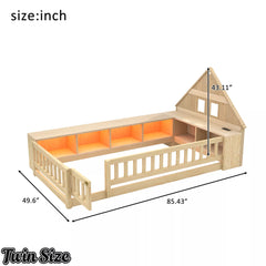 Bellemave® Twin Size Wood Floor Bed with Guardrail, House-Shaped Headboard, Storage Cabinets, LED Light & USB Port, Montessori Kids Bed Frame